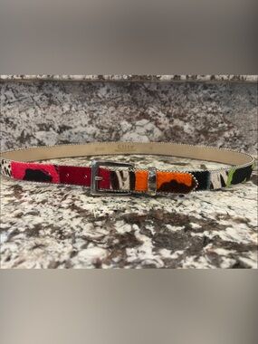 EliteStyle Colorblock Calf Hair Animal Print Belt with Silver Buckle